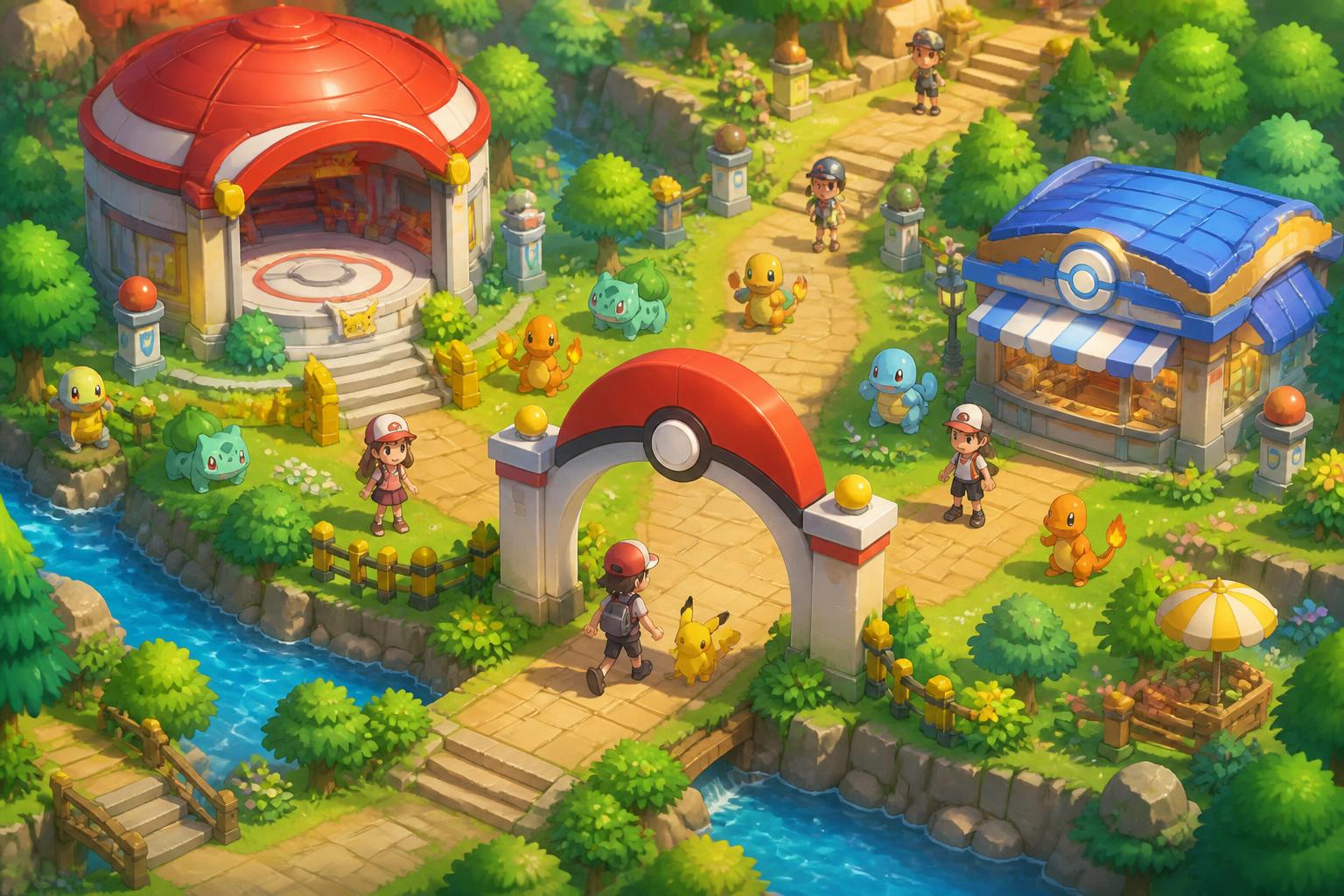 A vibrant Pokémon theme park with trainers, a Poké Ball gate, and wild Pokémon